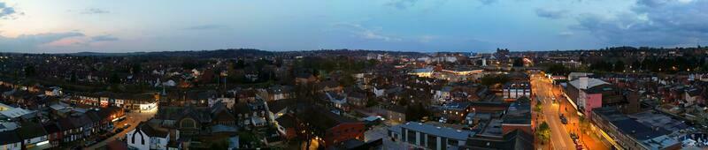 Ultra Wide Panoramic High Angle View of Luton City of England. Aerial View of Town was Captured on 17-April-2023 with Drone's Camera from Low Altitude. photo