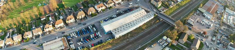 Ultra Wide Panoramic High Angle View of Luton City of England. Aerial View of Town was Captured on 17-April-2023 with Drone's Camera from Low Altitude. photo