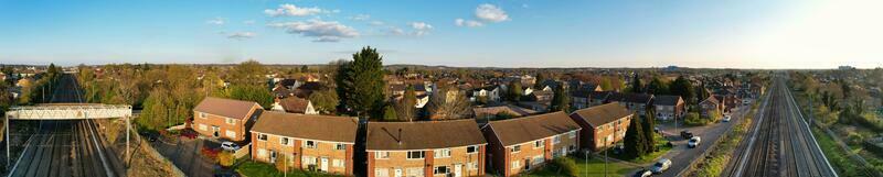 Ultra Wide Panoramic High Angle View of Luton City of England. Aerial View of Town was Captured on 17-April-2023 with Drone's Camera from Low Altitude. photo