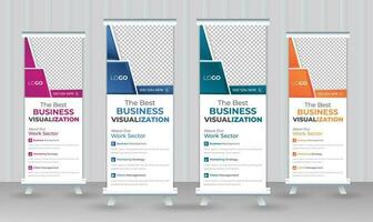 Modern Corporate Roll Up Banner Design Stand Template in multiple eye catching color Blue, Green and Orange for Business corporation or agency with presentation vector