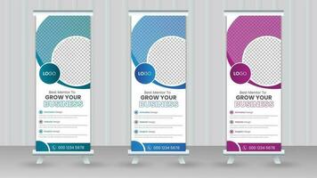 Modern Corporate Roll Up Banner Design Stand Template in multiple eye catching color Blue, Green and Orange for Business corporation or agency with presentation vector