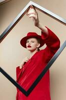 woman in red suit photo frame posing