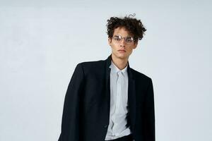 business man in suit black blazer glasses fashion studio photo