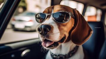 funny beagle dog in sunglasses in the summer sitting in the car, pets, rest with animals, life with animals. photo