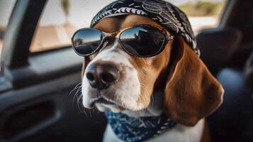 funny beagle dog in sunglasses in the summer sitting in the car, pets, rest with animals, life with animals. AI Generated photo