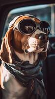 funny beagle dog in sunglasses in the summer sitting in the car, pets, rest with animals, life with animals. AI Generated photo