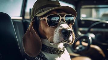 funny beagle dog in sunglasses in the summer sitting in the car, pets, rest with animals, life with animals. photo