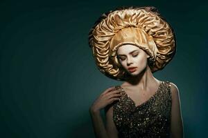 pretty woman in big golden hat vintage lifestyle glamor photo