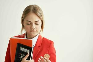 financier Red jacket virtual money economy light background photo