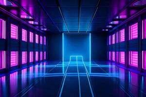 Abstract violet blue neon background. Dark empty room with glowing floor. photo