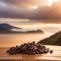 café frijoles en de madera mesa generativo ai foto