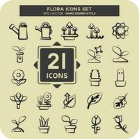 Icon Set Flora. related to Flora symbol. hand drawn style. simple illustration. plant. Oak. leaf. rose vector
