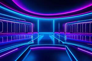 Abstract violet blue neon background. Dark empty room with glowing floor. photo