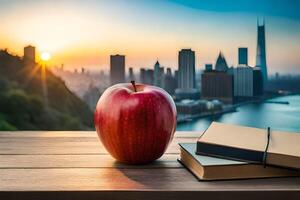 Apples and books with landscape background, photo