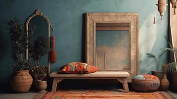 Mockup frame in nomadic boho interior background with rustic decor. photo
