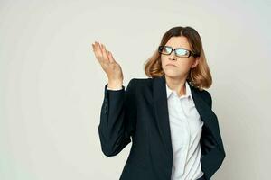 cheerful emotional woman in suit document work Professional photo