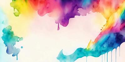 Abstract rainbow colors watercolor background. Colorful splash brushes texture. Contemporary liquid art panoramic banner template. Dreamy hand drawing illustration. . photo