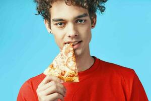 guy with curly hair bird in hands fast food delivery photo