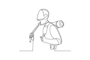 Single one line drawing happy boy with vacation costume and bag. Summer beach concept. Continuous line draw design graphic vector illustration.