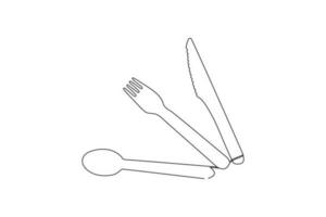 Single one line drawing spoon, knife and fork. Tableware concept. Continuous line draw design graphic vector illustration.