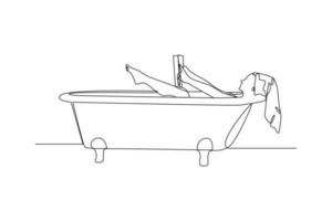 Single one line drawing happy woman is taking a bath. Bathroom activity concept. Continuous line draw design graphic vector illustration.
