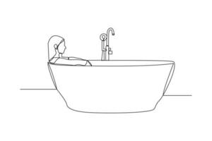 Single one line drawing happy woman is taking a bath. Bathroom activity concept. Continuous line draw design graphic vector illustration.