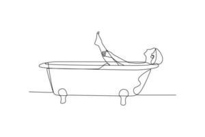 Single one line drawing happy woman is taking a bath. Bathroom activity concept. Continuous line draw design graphic vector illustration.