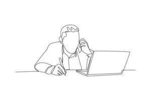 Continuous one line drawing businessman working in front of the laptop. Business activities concept. Single line draw design vector graphic illustration.