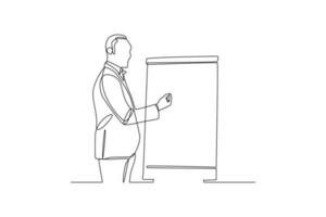 Continuous one line drawing happy businessman presenting in office. Business activities concept. Single line draw design vector graphic illustration.