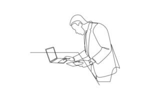 Continuous one line drawing businessman working in front of the laptop. Business activities concept. Single line draw design vector graphic illustration.