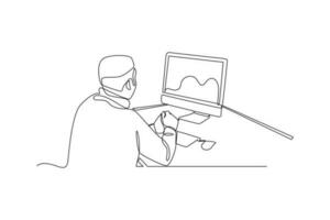 Continuous one line drawing businessman working in front of the laptop. Business activities concept. Single line draw design vector graphic illustration.