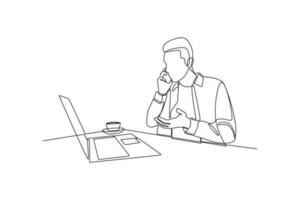 Continuous one line drawing businessman working in front of the laptop. Business activities concept. Single line draw design vector graphic illustration.