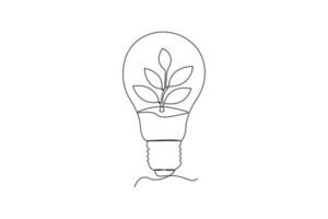 Continuous one line drawing  light bulb and tree. World environment day concept. Single line draw design vector graphic illustration.