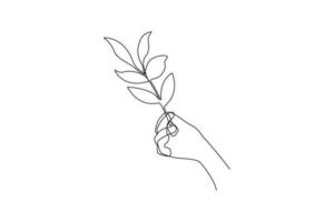 Continuous one line drawing hand holds tree. World environment day concept. Single line draw design vector graphic illustration.