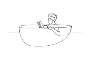 Single one line drawing happy woman is taking a bath. Bathroom activity concept. Continuous line draw design graphic vector illustration.