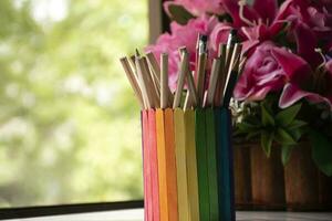 Closeup view of rainbow case which has various pencils inside, blurred nature ouside window background, concept for LGBT celebration in pride month and home decoration of LGBT people around the world. photo