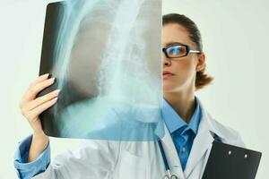 mujer radiólogo mirando a radiografía de cerca examen hospital foto