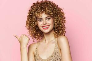 Lady Curly hair smile with the same Copy Space hand charm photo