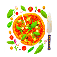 Fresh pizza with different ingredients tomato, cheese, olive, sausage, basil. traditional Italian fast food png