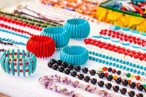 Street sell of Colombian typical handicrafts in the walled city in Cartagena de Indias photo