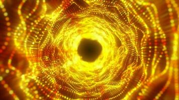 Abstract yellow gold energy tunnel made of particles and a grid of high-tech lines with a glowing background effect, video 4k, 60 fps