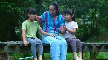 Happy young mother with little girls sitting on wooden bridge near river in summer. Mother and two daughters having fun while spending time together outdoors. Happy loving family and Mother's Day. video