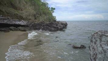 Sea scape with brown and white sand with cloudy vibes. The footage is suitable to use for relaxion video background and travel content media.