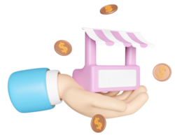 cartoon hands holding store front, coins isolated. Startup franchise business or loan approval concept, 3d render illustration png