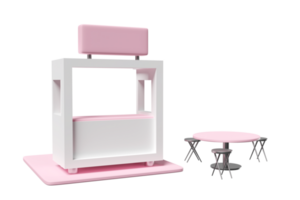 3d rosado blanco cabina tienda icono o vacío Al por menor Tienda frente con tienda firmar, silla, mesa aislado. puesta en marcha franquicia negocio concepto, 3d hacer ilustración png