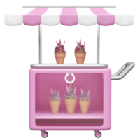 Ice cream cart shop store with ice cream showcases or fridge isolated. 3d render illustration png