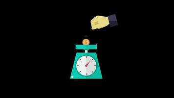 Gewicht Rahmen Geld Speichern Konzept Zeit ist Geld Animation Schleife Bewegung Grafik Video transparent Hintergrund mit Alpha Kanal