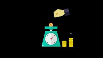 weight scale money saving concept Time is money animation loop motion graphics video transparent background with alpha channel