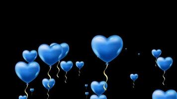 blue heart shape balloon flying up animation on black background, blue love balloon flying up animated background video