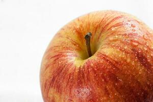 Wet red apple with drops isolated on white background. photo